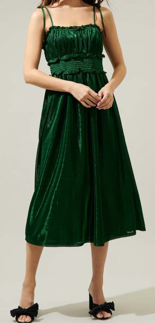 Sugarlips metallic green XS Lurelle smock waist tie strap Poplin Midi Dress NWT